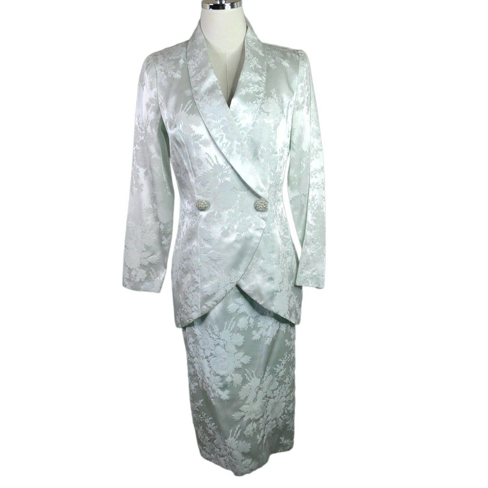Vintage Skirt Suit 2 Piece Floral Satin Brocade